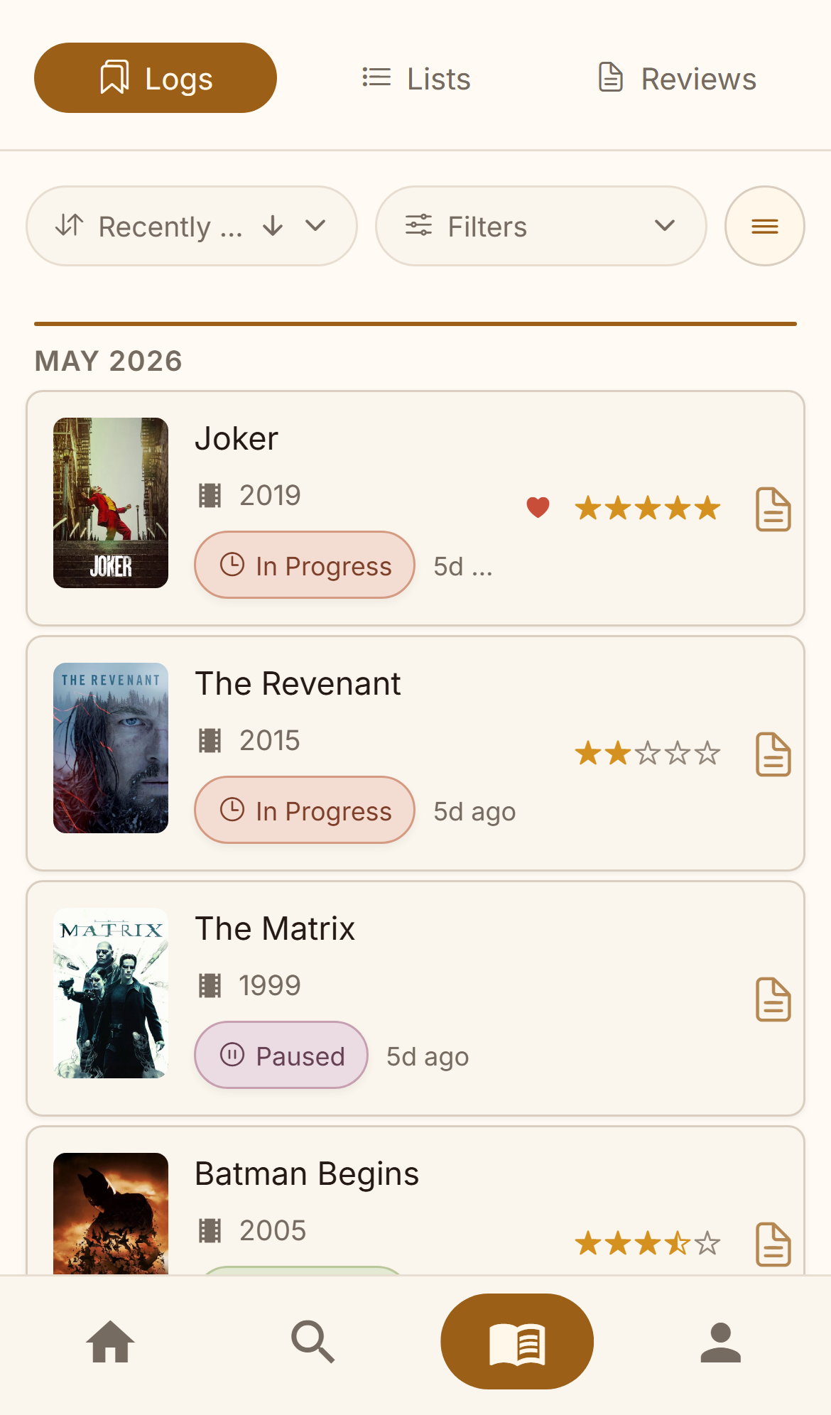 Logs tab showing a personal journal of rated and tracked movies